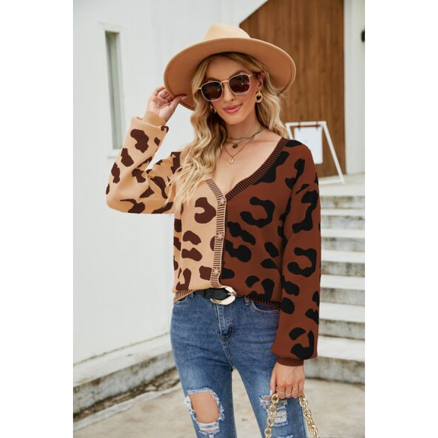 Leopard Button Up Dropped Shoulder Cardigan Sand / S Apparel and Accessories