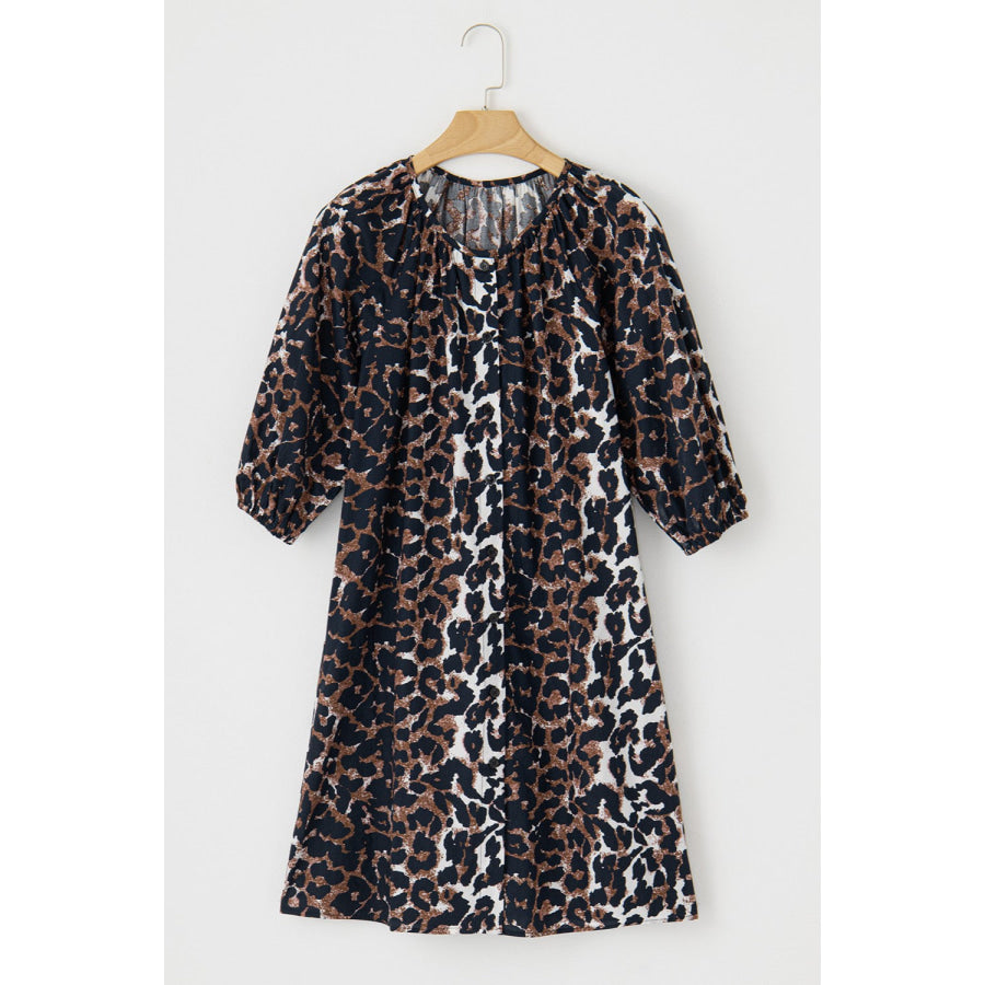 Leopard Button Up Half Sleeve Mini Dress Leopard / S Apparel and Accessories