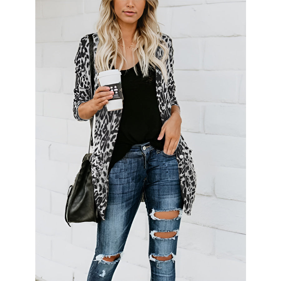 Leopard Button Up Long Sleeve Cardigan Gray / S Apparel and Accessories