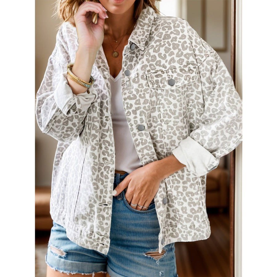 Leopard Button Up Long Sleeve Denim Jacket White / S Apparel and Accessories