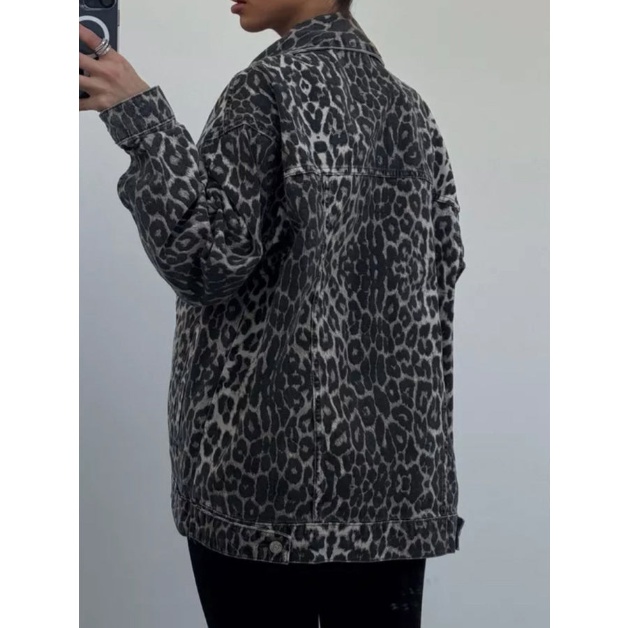 Leopard Button Up Long Sleeve Denim Top Apparel and Accessories