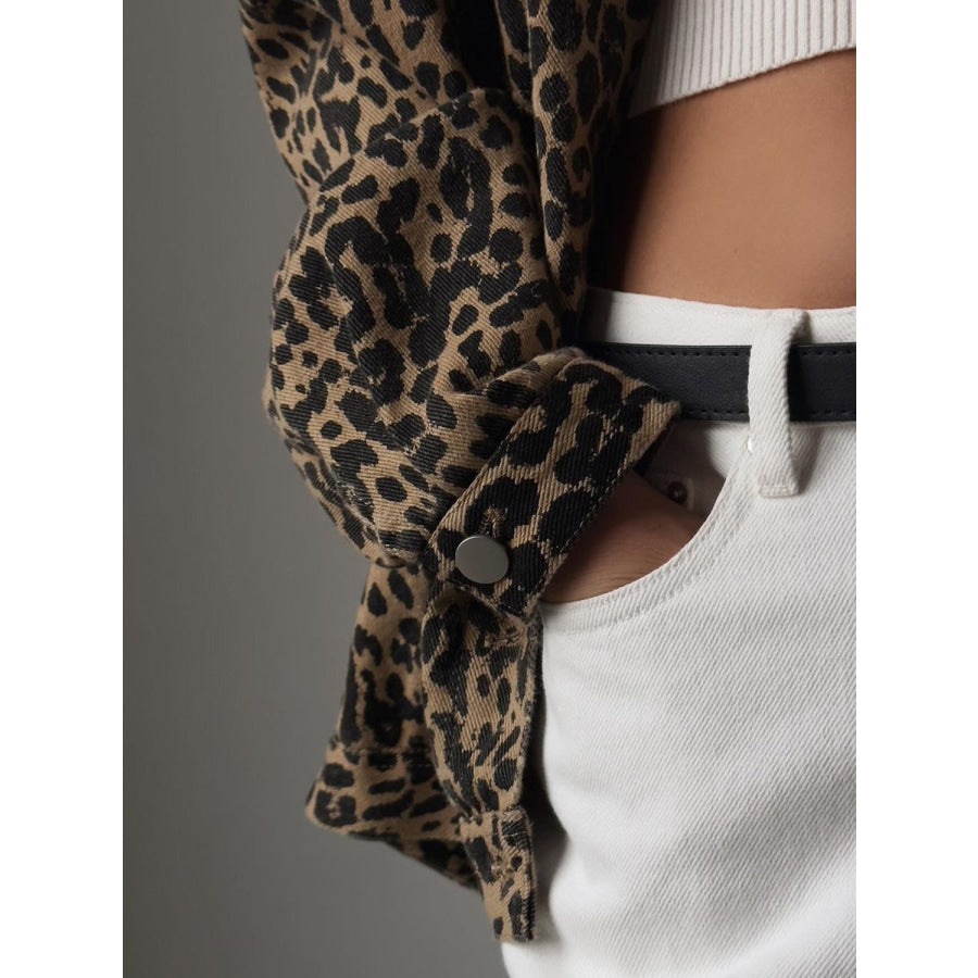 Leopard Button Up Long Sleeve Denim Top Apparel and Accessories