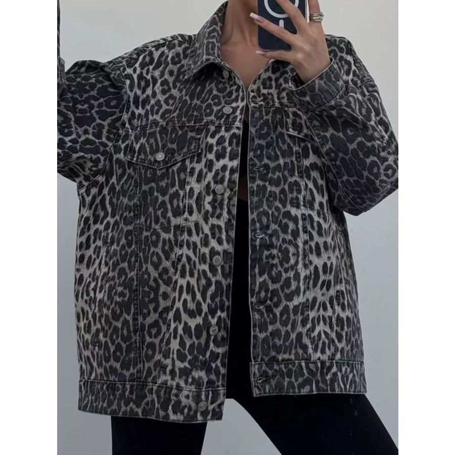 Leopard Button Up Long Sleeve Denim Top Black / S Apparel and Accessories