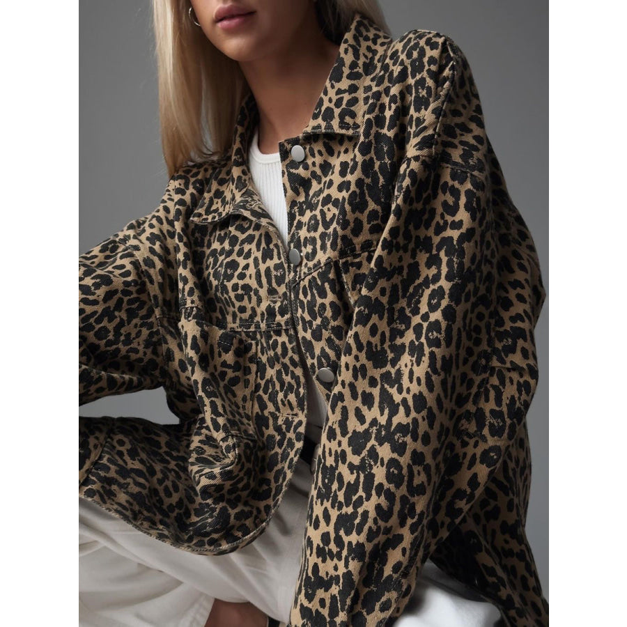 Leopard Button Up Long Sleeve Denim Top Leopard / S Apparel and Accessories