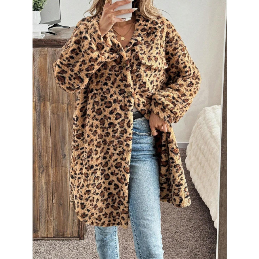 Leopard Button Up Long Sleeve Fuzzy Coat Leopard / S Apparel and Accessories