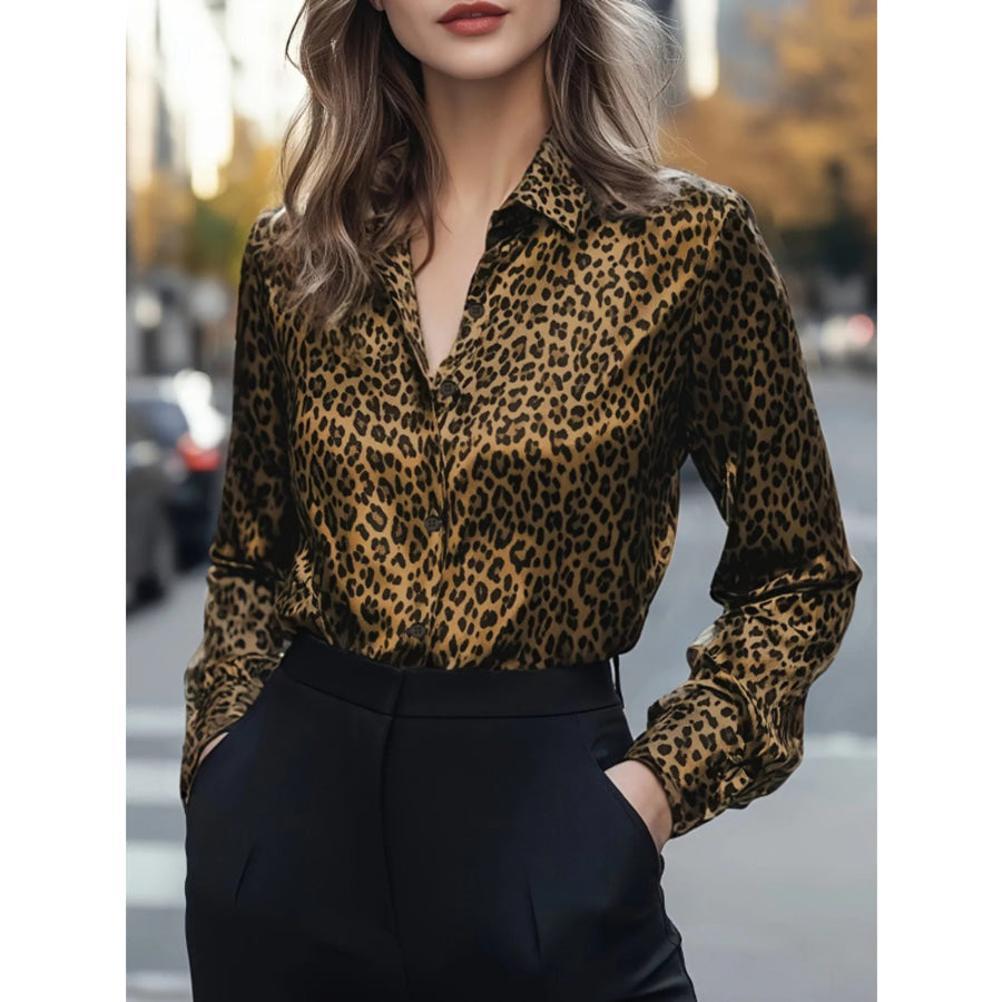 Leopard Button Up Long Sleeve Shirt Caramel / S Apparel and Accessories
