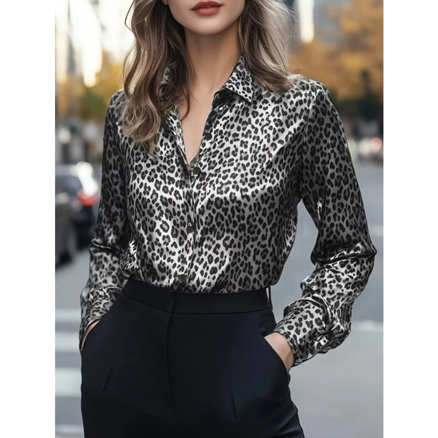 Leopard Button Up Long Sleeve Shirt Dark Gray / S Apparel and Accessories