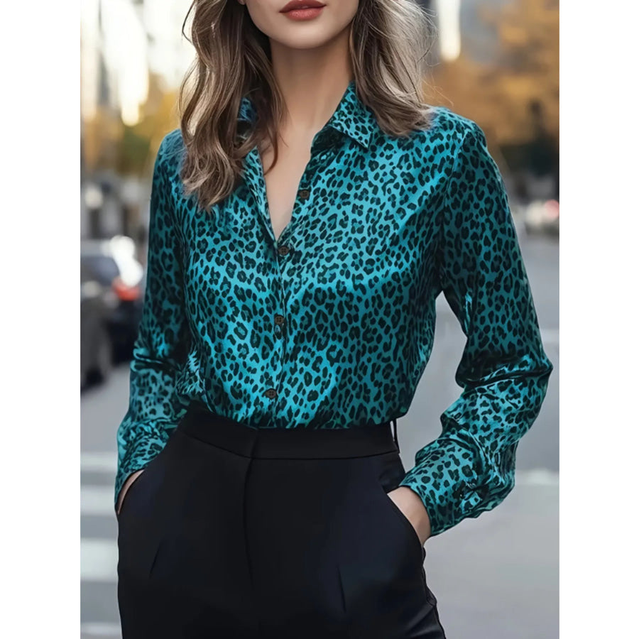 Leopard Button Up Long Sleeve Shirt Sky Blue / S Apparel and Accessories