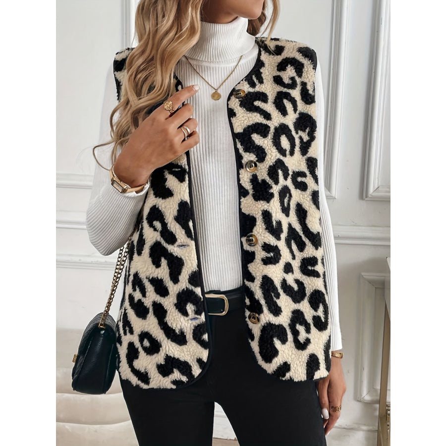 Leopard Button Up Sherpa Vest Dust Storm / S Apparel and Accessories