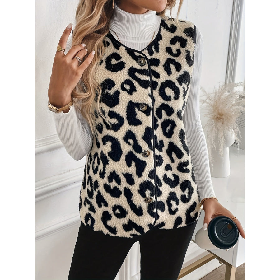 Leopard Button Up Sherpa Vest Apparel and Accessories