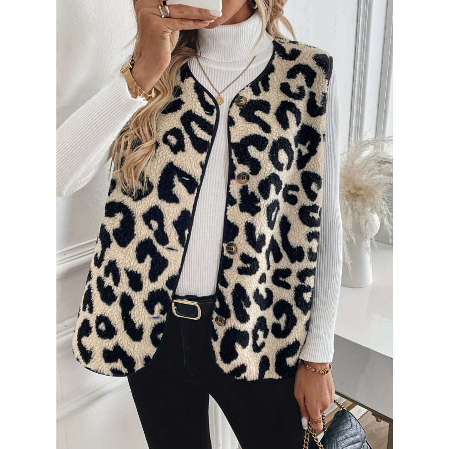 Leopard Button Up Sherpa Vest Dust Storm / S Apparel and Accessories