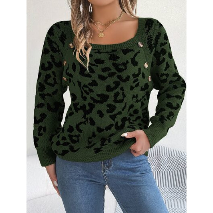 Leopard Buttoned Square Neck Sweater Army Green / S Clothing