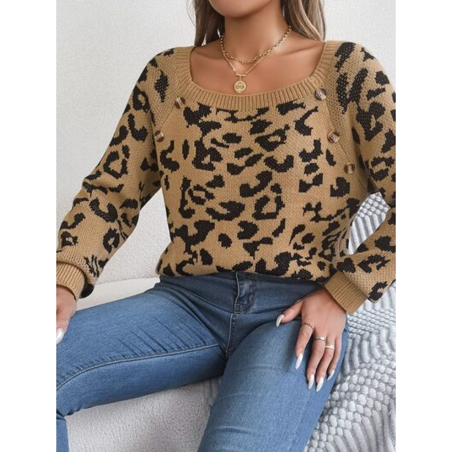 Leopard Buttoned Square Neck Sweater Clothing