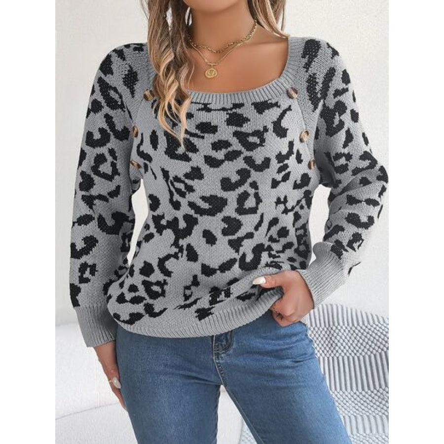 Leopard Buttoned Square Neck Sweater Clothing