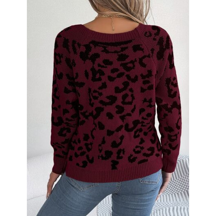 Leopard Buttoned Square Neck Sweater Clothing