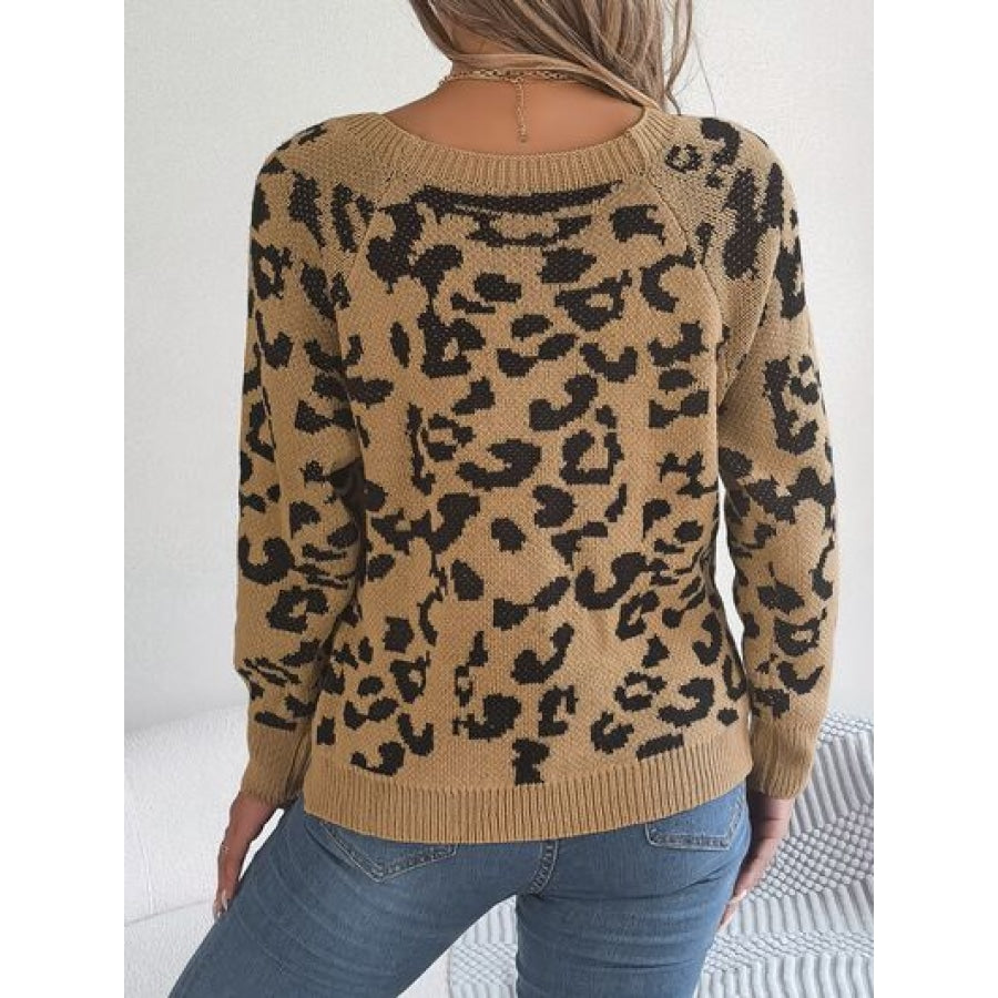 Leopard Buttoned Square Neck Sweater Khaki / S Clothing