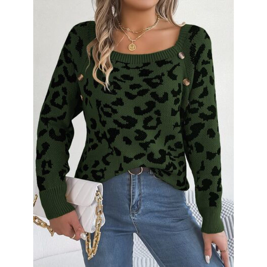 Leopard Buttoned Square Neck Sweater Clothing