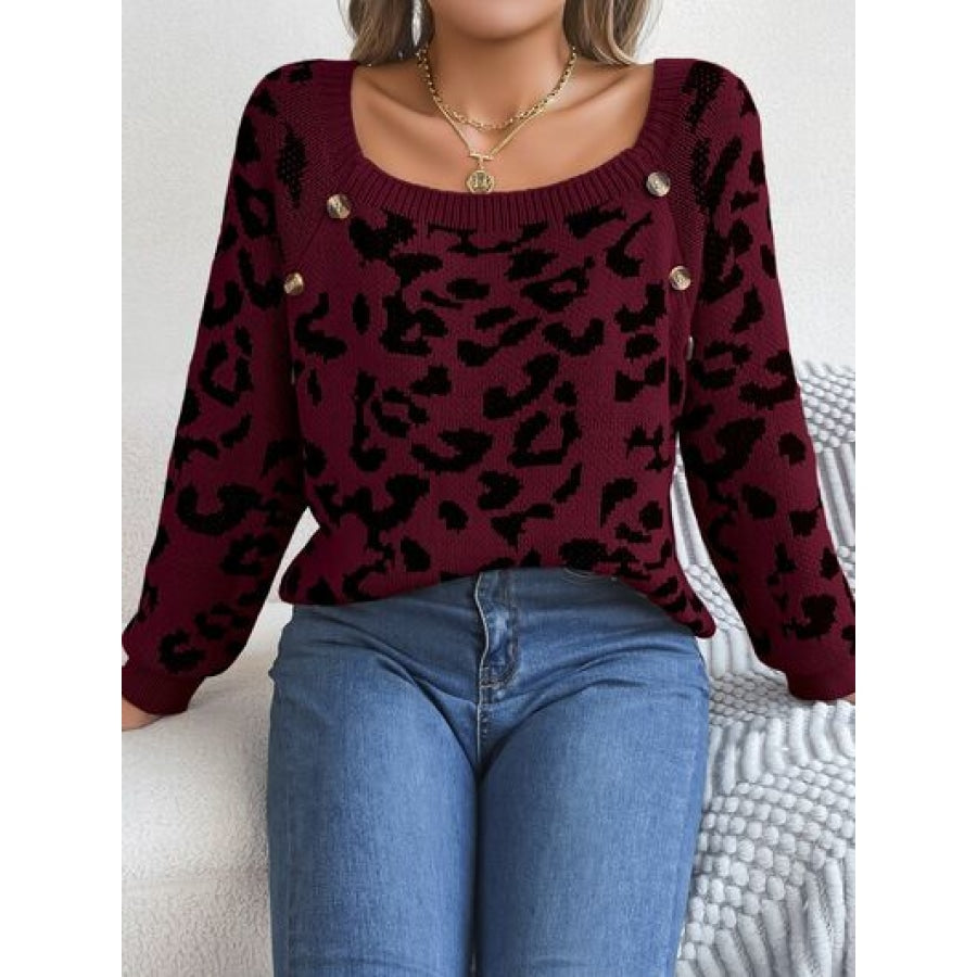 Leopard Buttoned Square Neck Sweater Clothing