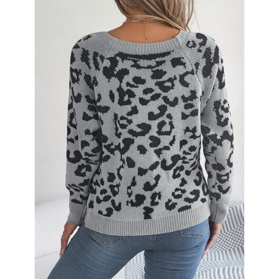 Leopard Buttoned Square Neck Sweater Clothing