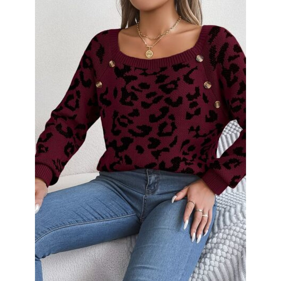 Leopard Buttoned Square Neck Sweater Clothing