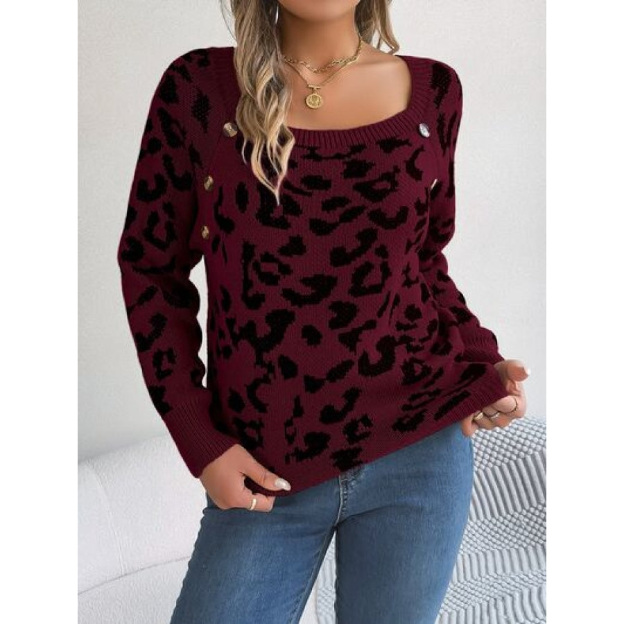 Leopard Buttoned Square Neck Sweater Wine / S Clothing