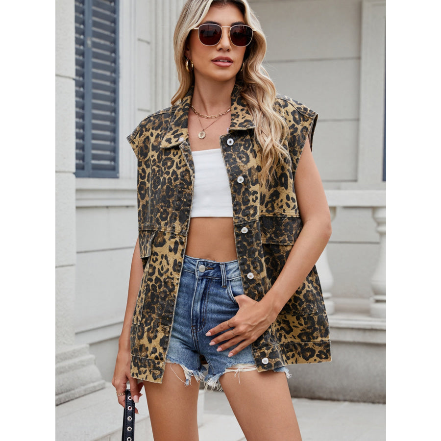 Leopard Buttton Up Denim Vest Apparel and Accessories