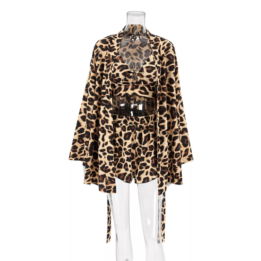 Leopard Cami & Cardigan and Shorts Three-Piece Lounge Set Apparel and Accessories