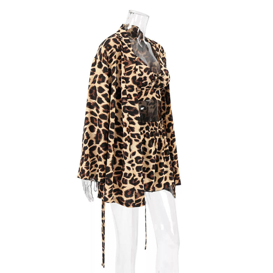 Leopard Cami & Cardigan and Shorts Three-Piece Lounge Set Apparel and Accessories