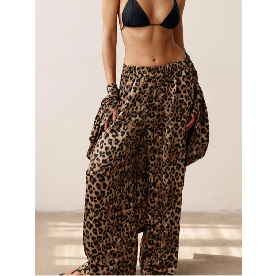 Leopard Cardigan and Wide Leg Pants Lounge Set Apparel and Accessories