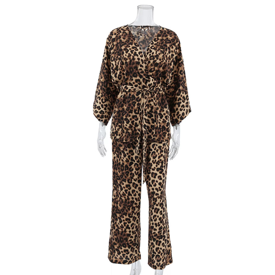 Leopard Cardigan and Wide Leg Pants Lounge Set Apparel and Accessories