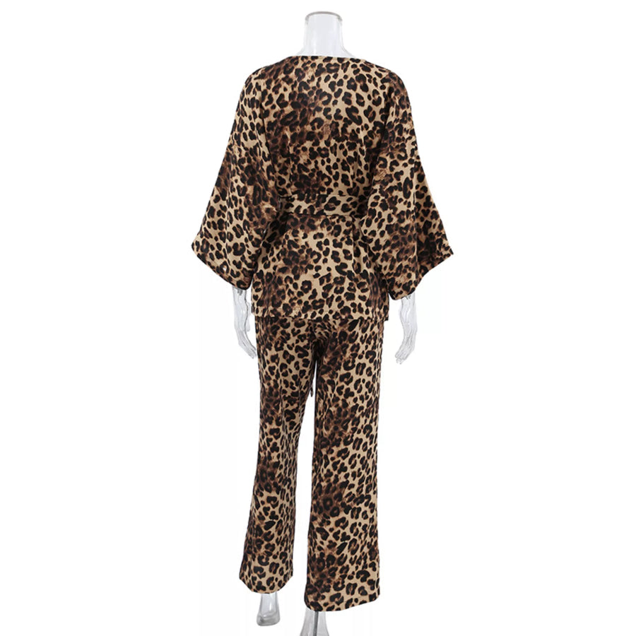 Leopard Cardigan and Wide Leg Pants Lounge Set Apparel and Accessories
