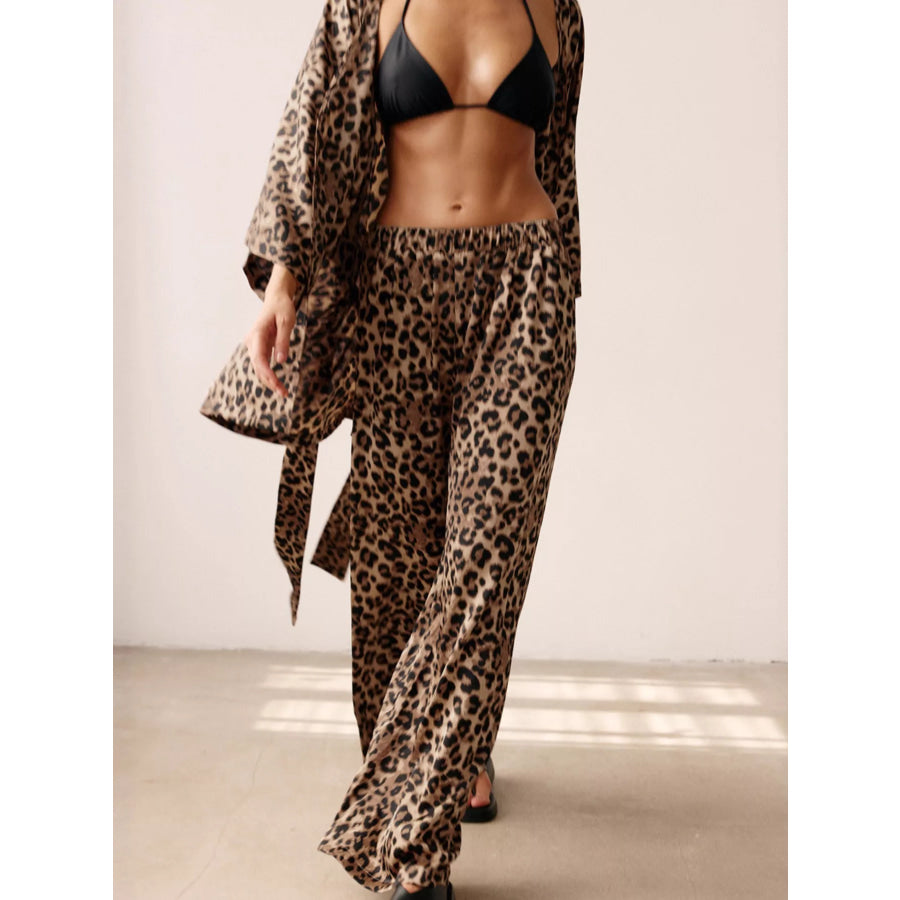 Leopard Cardigan and Wide Leg Pants Lounge Set Apparel and Accessories