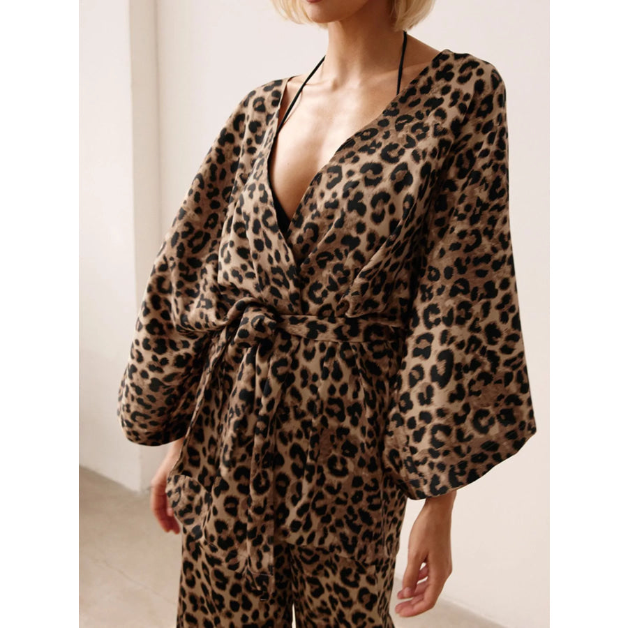 Leopard Cardigan and Wide Leg Pants Lounge Set Apparel and Accessories