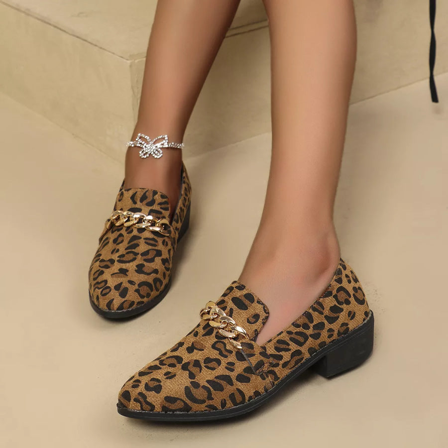 Leopard Chain Detail Loafers Leopard / 36 Apparel and Accessories