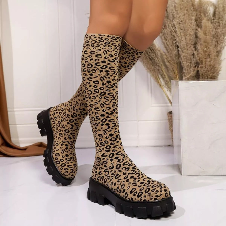 Leopard Chunky Platform Knee High Boots Apparel and Accessories