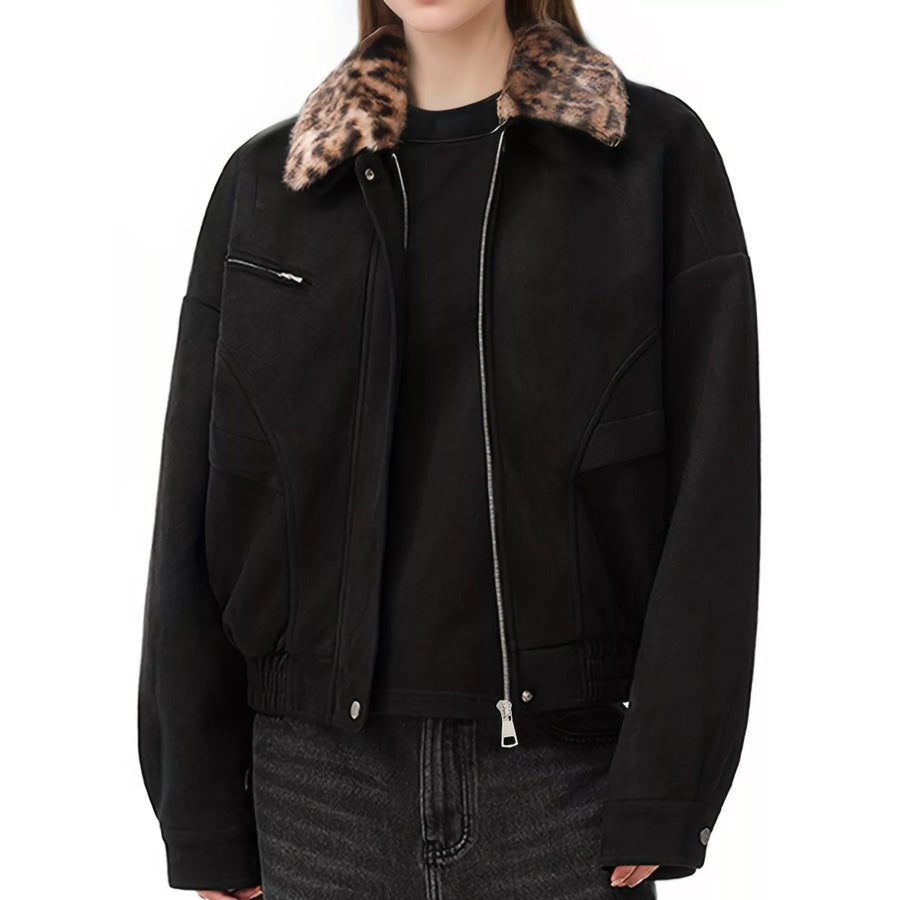 Leopard Collar Button Up Jacket Apparel and Accessories
