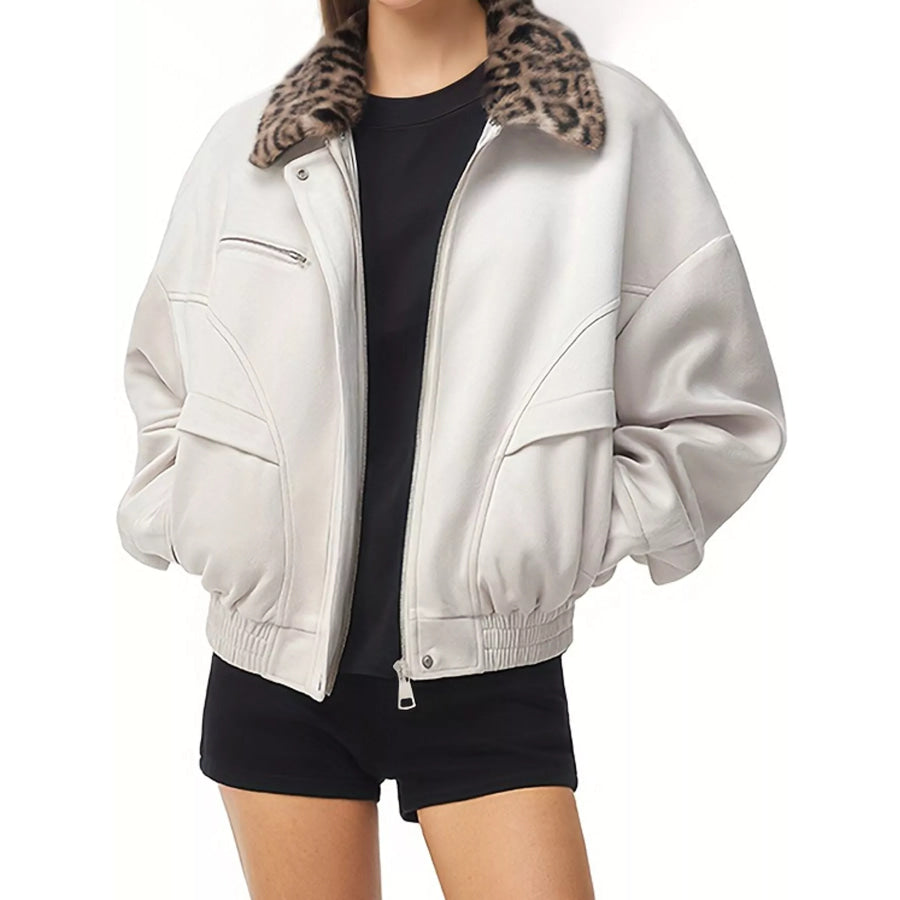 Leopard Collar Button Up Jacket Apricot / S Apparel and Accessories