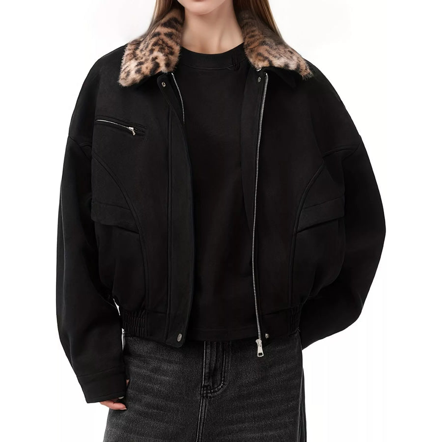 Leopard Collar Button Up Jacket Black / S Apparel and Accessories