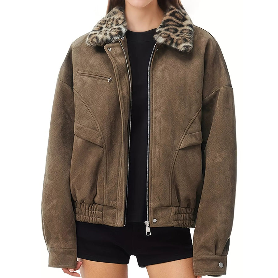 Leopard Collar Button Up Jacket Brown / S Apparel and Accessories