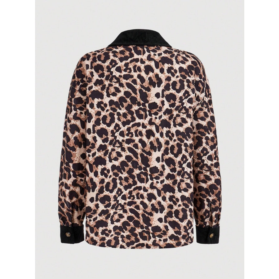 Leopard Collared Neck Button Up Shacket Apparel and Accessories