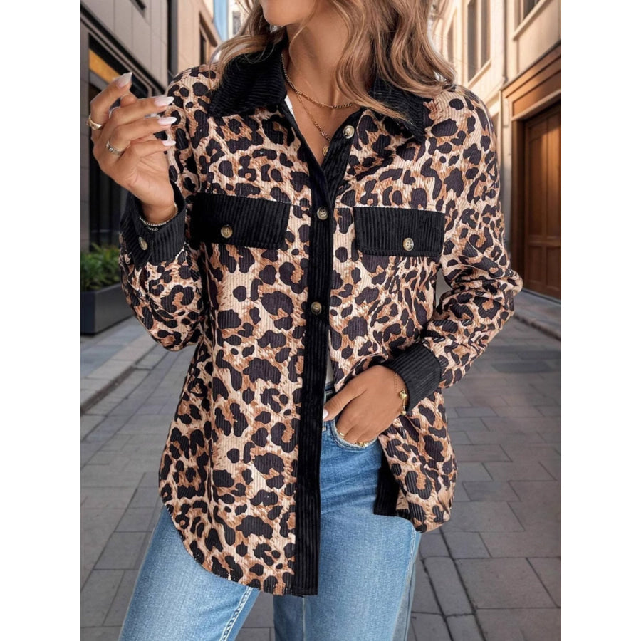 Leopard Collared Neck Button Up Shacket Leopard / S Apparel and Accessories