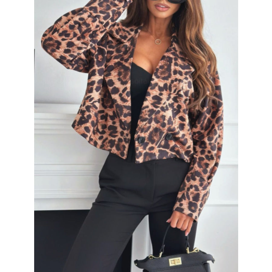 Leopard Collared Neck Cropped Jacket Apparel and Accessories