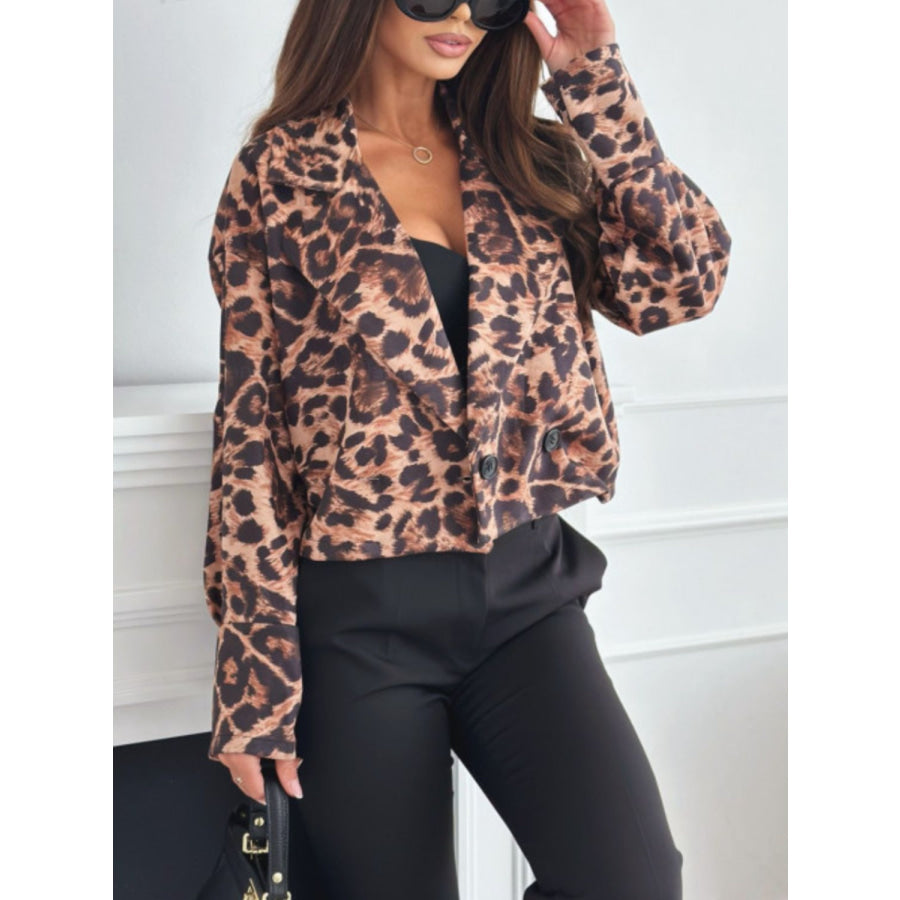 Leopard Collared Neck Cropped Jacket Camel / S Apparel and Accessories