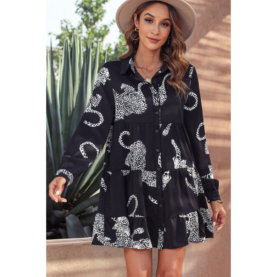 Leopard Collared Neck Long Sleeve Mini Dress Black / S Apparel and Accessories