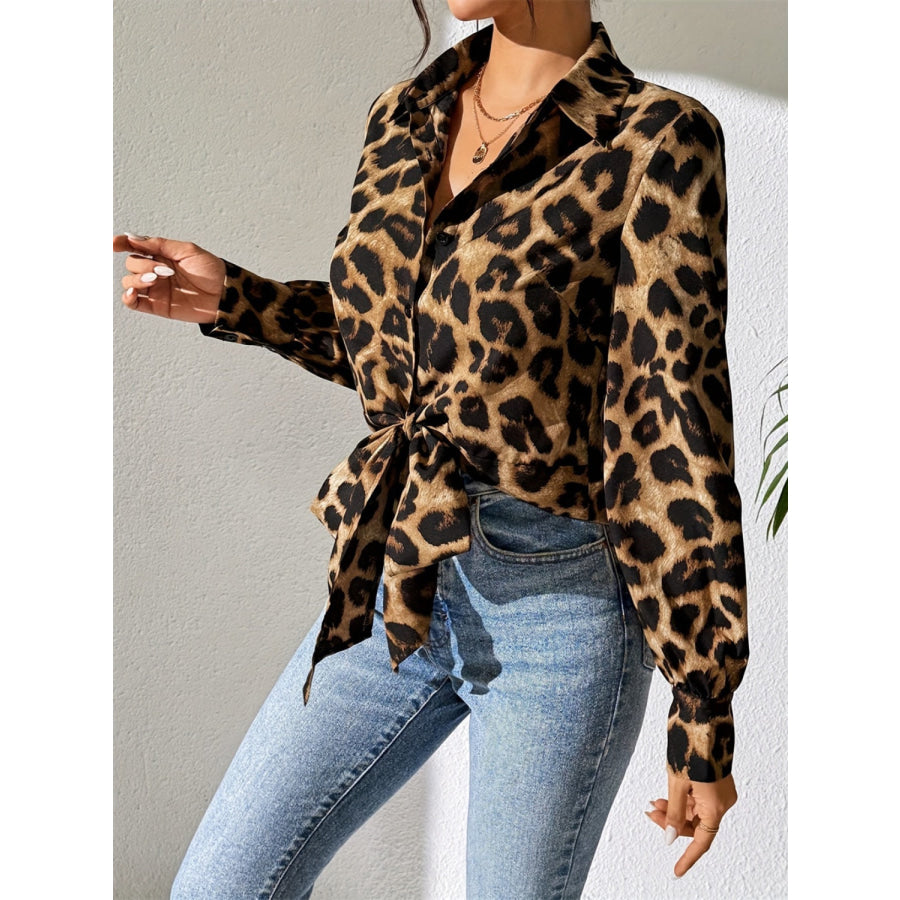 Leopard Collared Neck Long Sleeve Shirt Apparel and Accessories