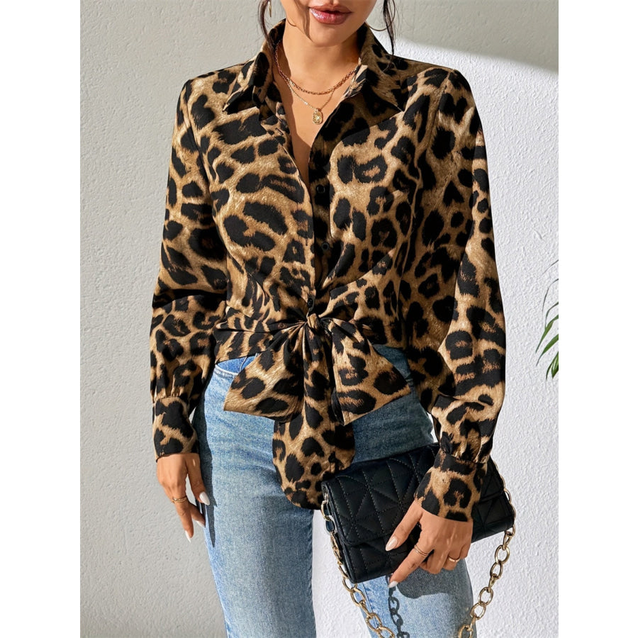 Leopard Collared Neck Long Sleeve Shirt Apparel and Accessories