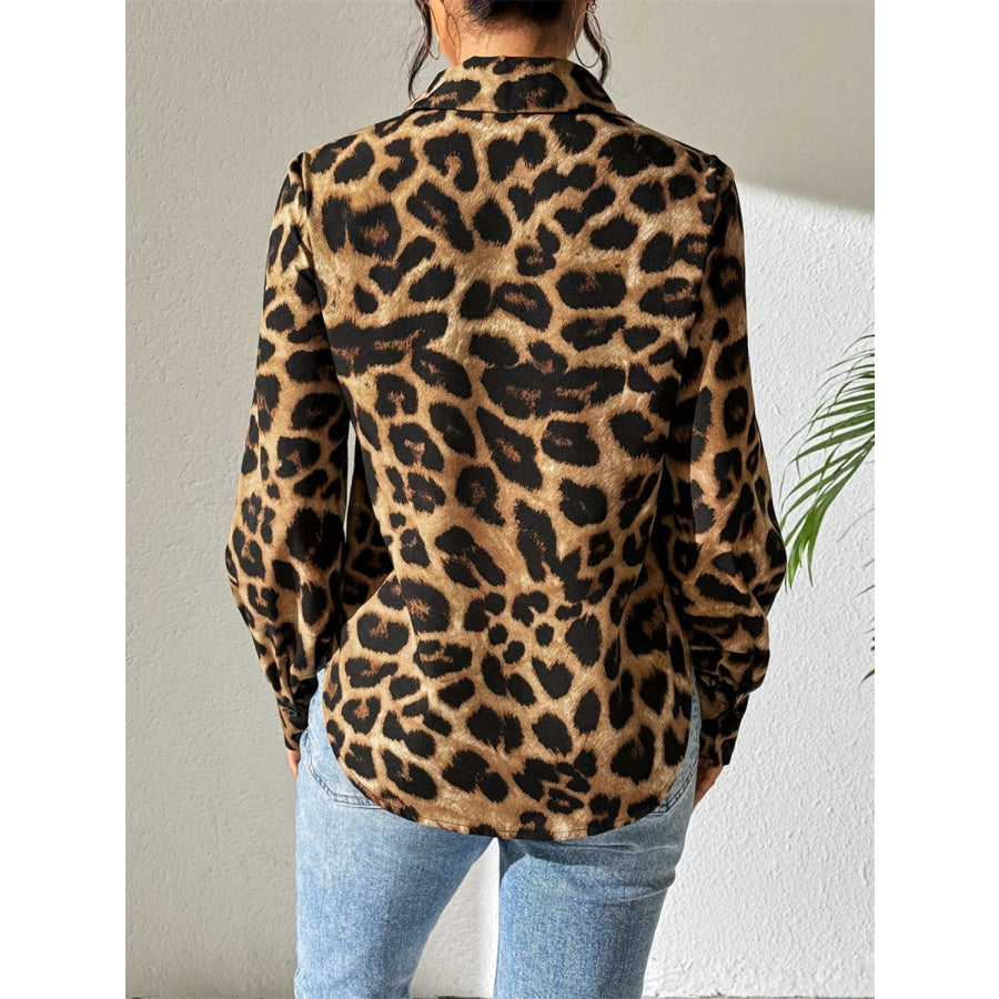 Leopard Collared Neck Long Sleeve Shirt Caramel / S Apparel and Accessories