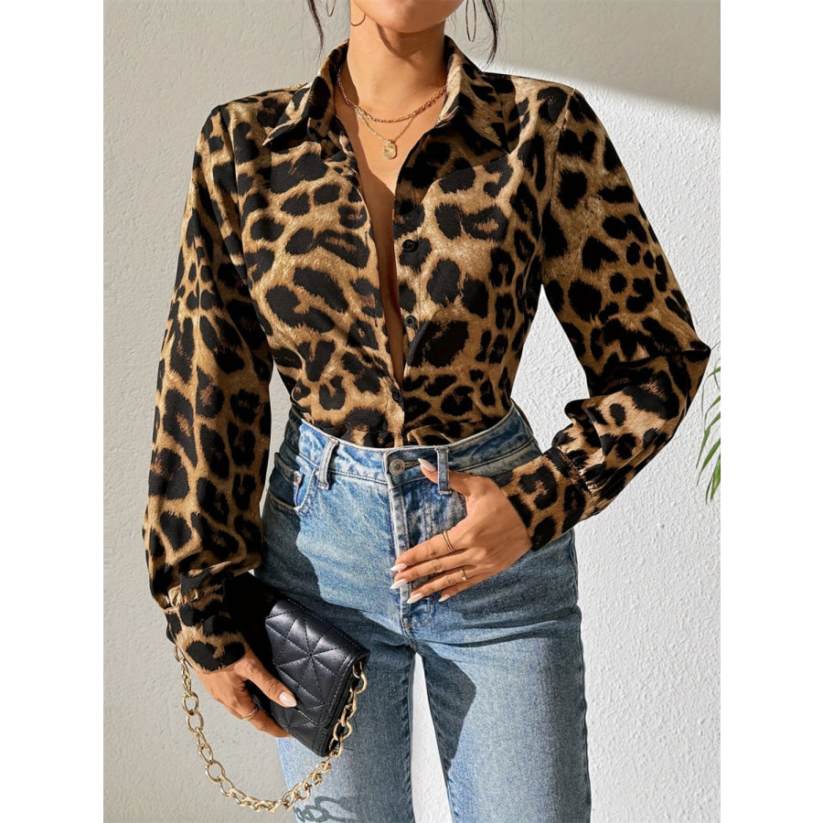 Leopard Collared Neck Long Sleeve Shirt Caramel / S Apparel and Accessories