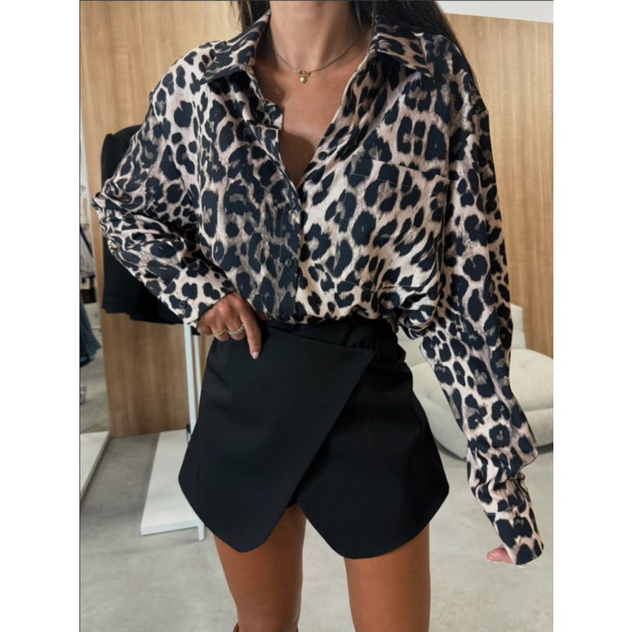 Leopard Collared Neck Long Sleeve Shirt Leopard / S Apparel and Accessories