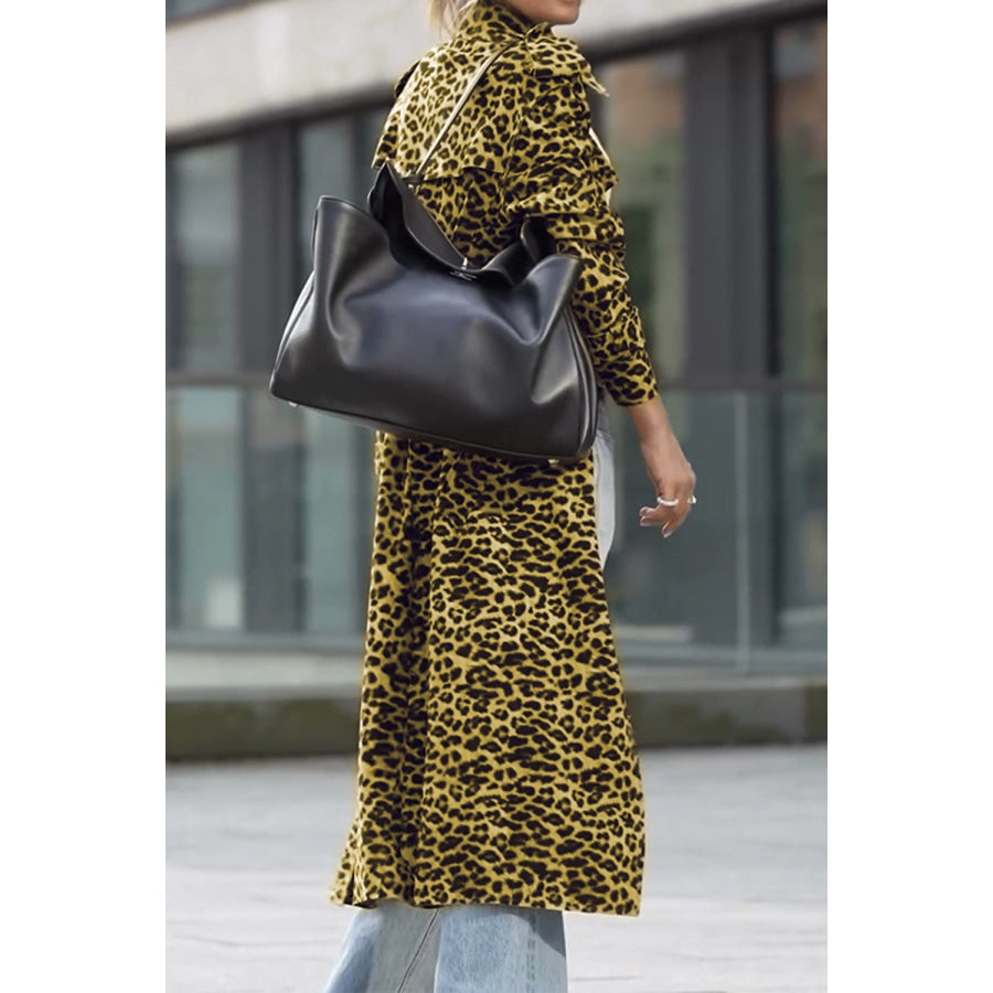 Leopard Collared Neck Long Sleeve Trench Coat Apparel and Accessories